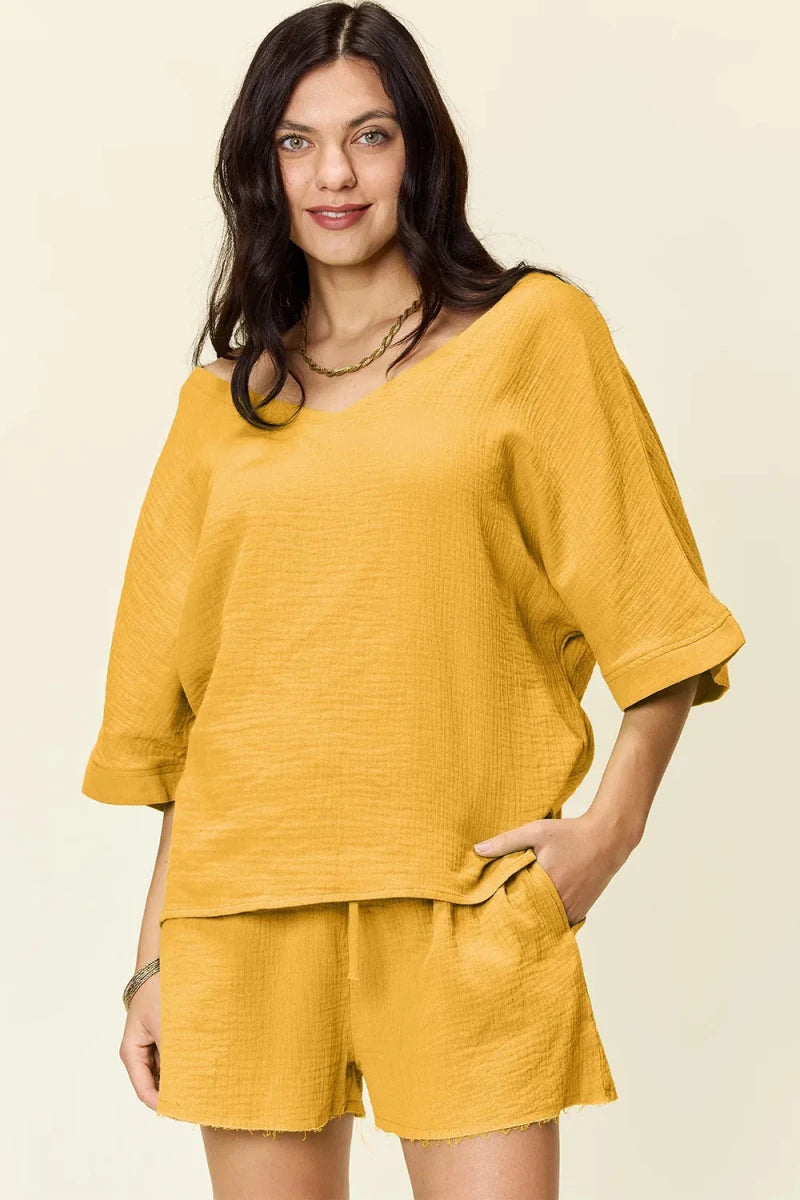 Double Take Texture Half Sleeve T-Shirt and Drawstring Shorts Set - Wow Store