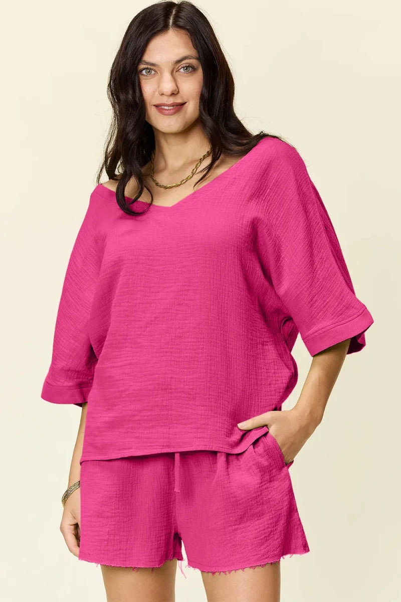Double Take Texture Half Sleeve T-Shirt and Drawstring Shorts Set - Wow Store