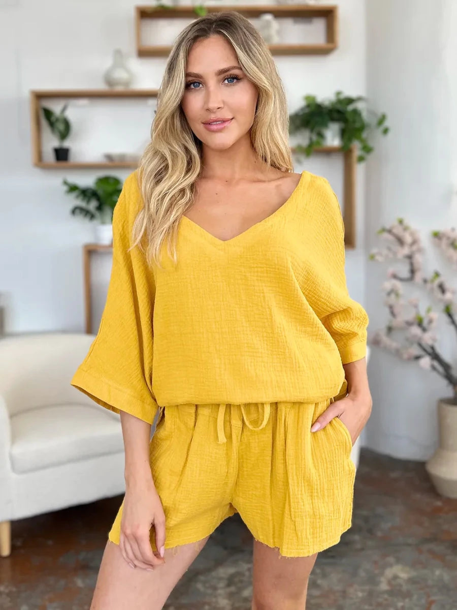 Double Take Texture Half Sleeve T-Shirt and Drawstring Shorts Set - Wow Store