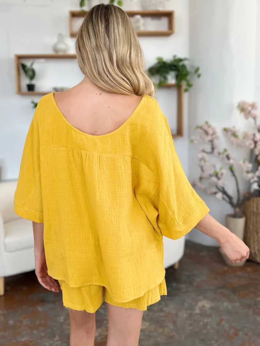 Double Take Texture Half Sleeve T-Shirt and Drawstring Shorts Set - Wow Store