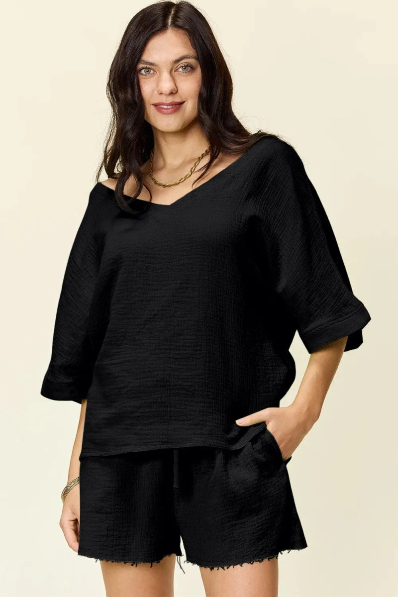 Double Take Texture Half Sleeve T-Shirt and Drawstring Shorts Set - Wow Store