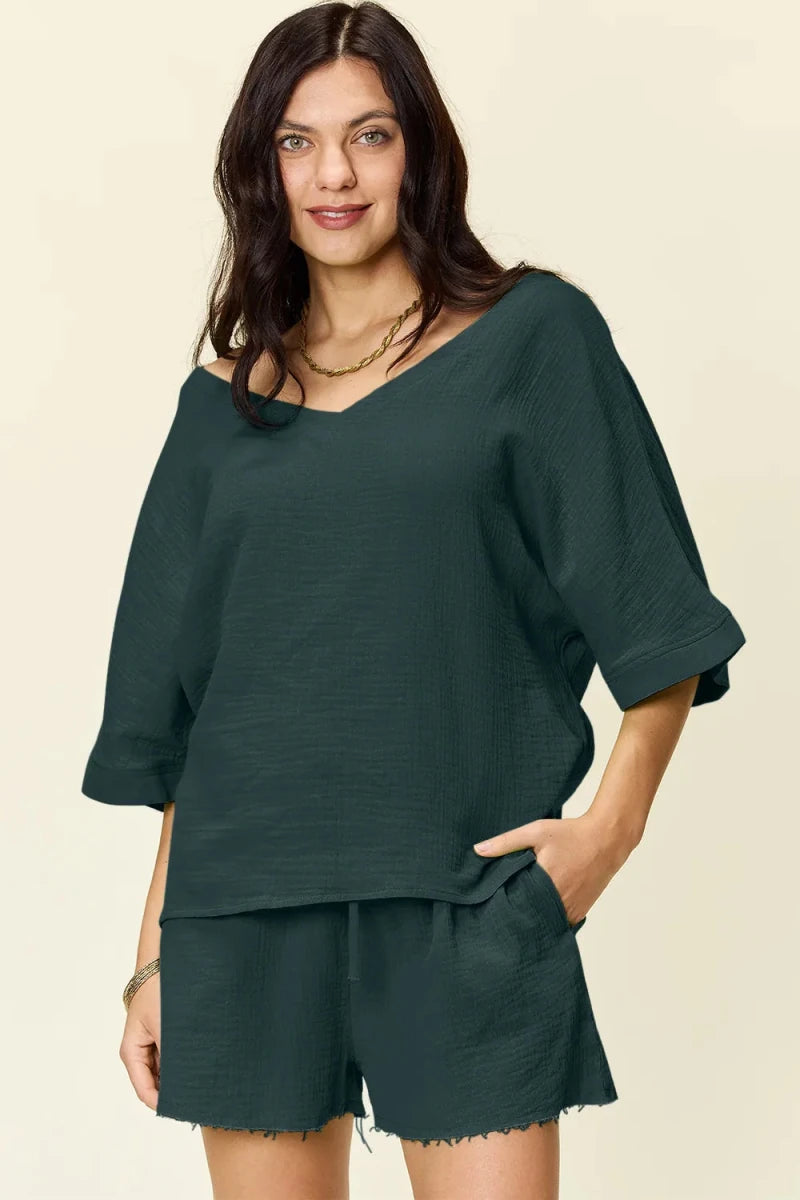 Double Take Texture Half Sleeve T-Shirt and Drawstring Shorts Set - Wow Store
