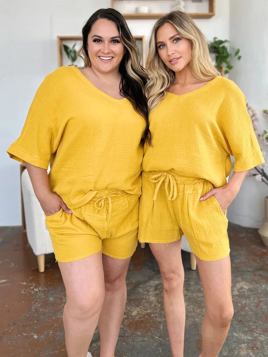Double Take Texture Half Sleeve T-Shirt and Drawstring Shorts Set - Wow Store