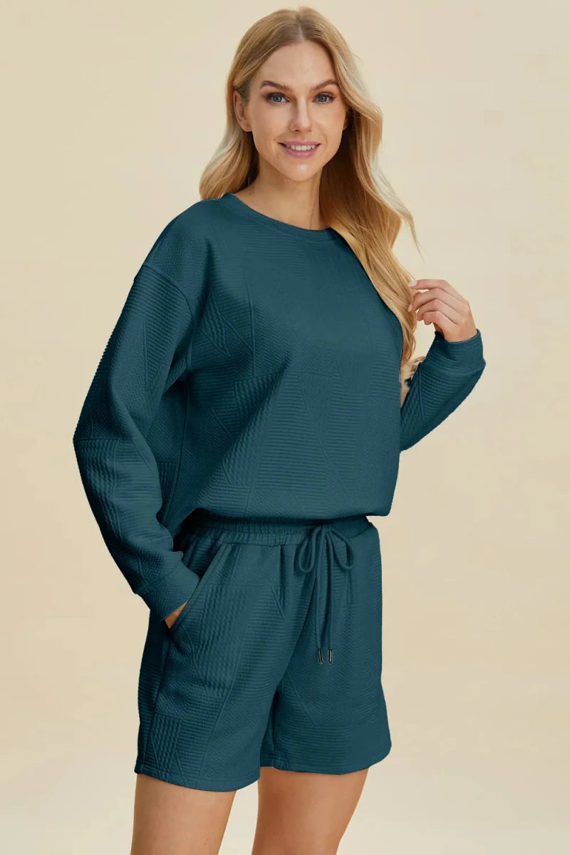 Double Take Texture Round Neck Top and Shorts Set - WowStore.live