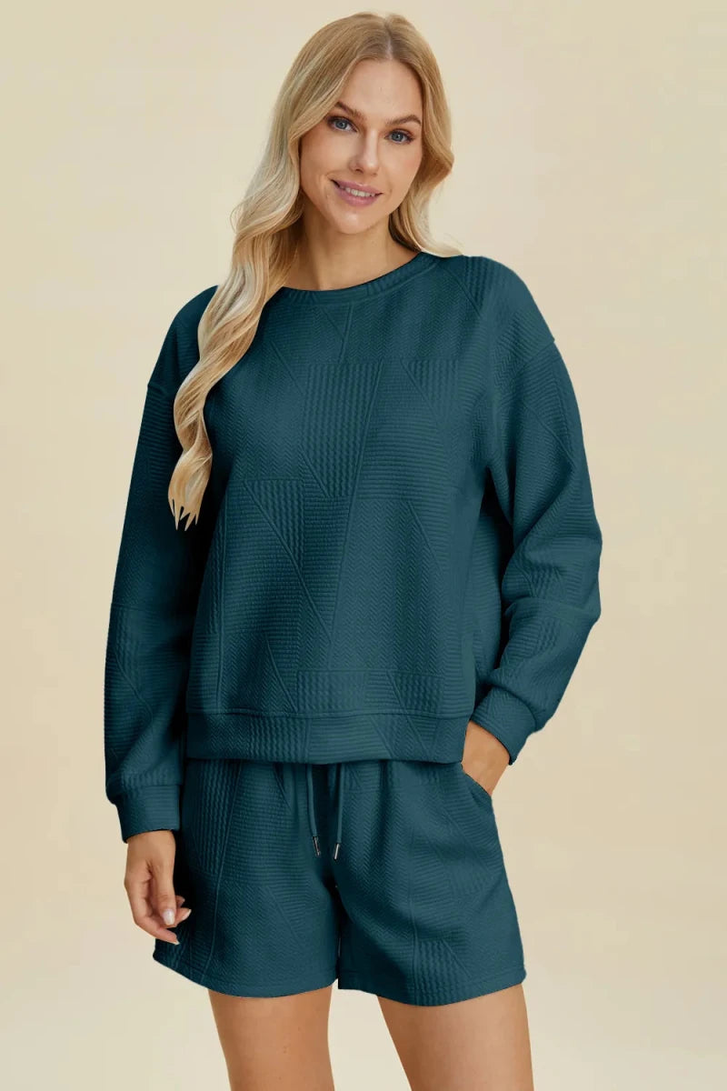 Double Take Texture Round Neck Top and Shorts Set - WowStore.live