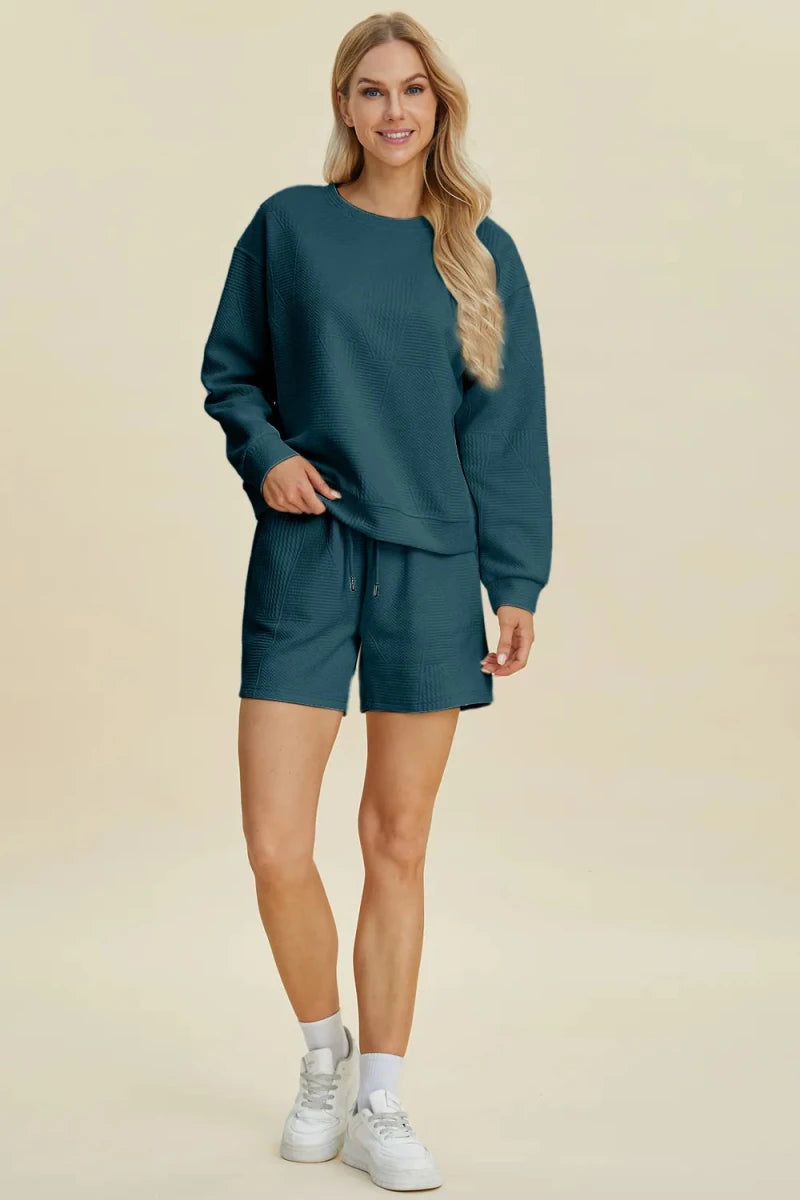 Double Take Texture Round Neck Top and Shorts Set - WowStore.live
