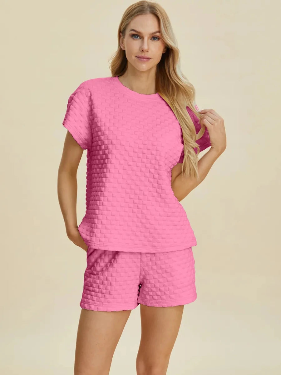 Double Take Texture T-Shirt and Shorts Set - WowStore.live