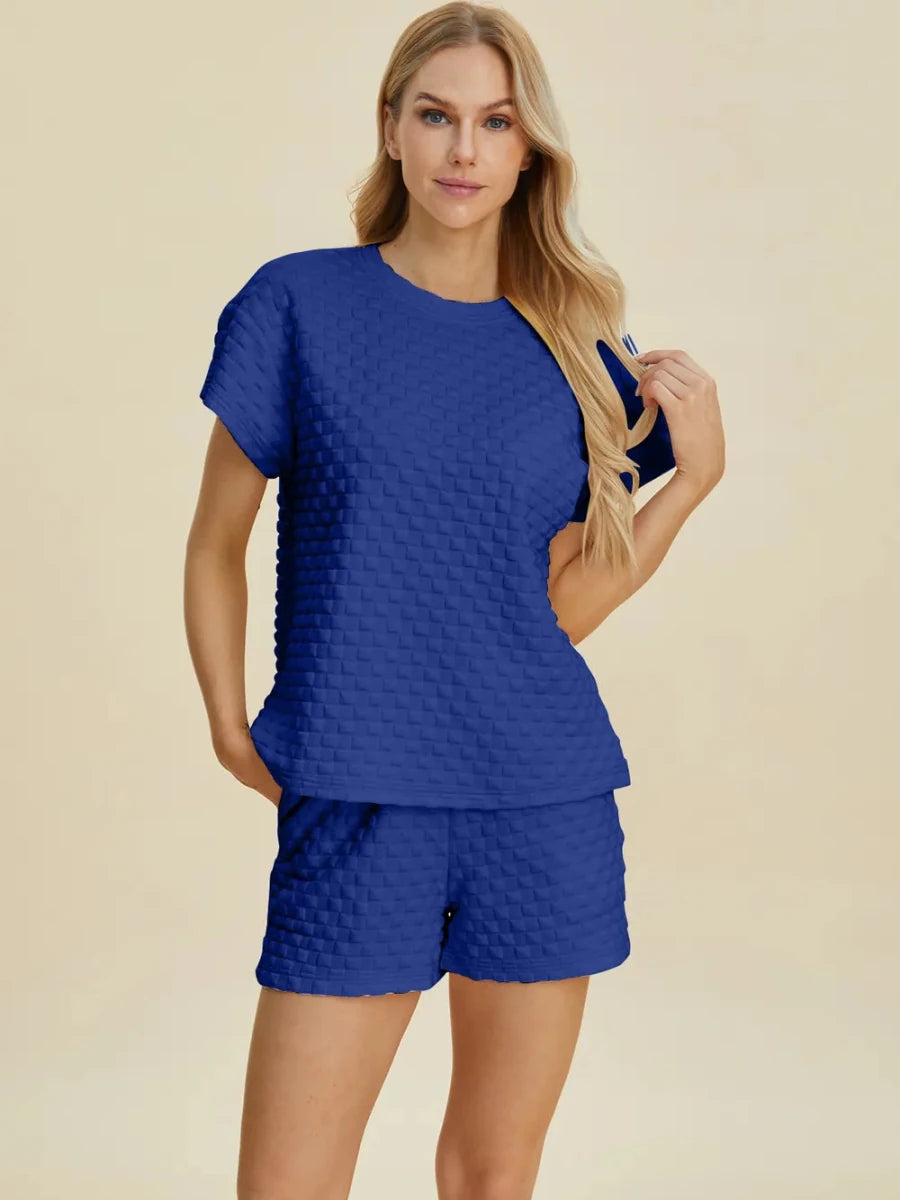 Double Take Texture T-Shirt and Shorts Set - WowStore.live
