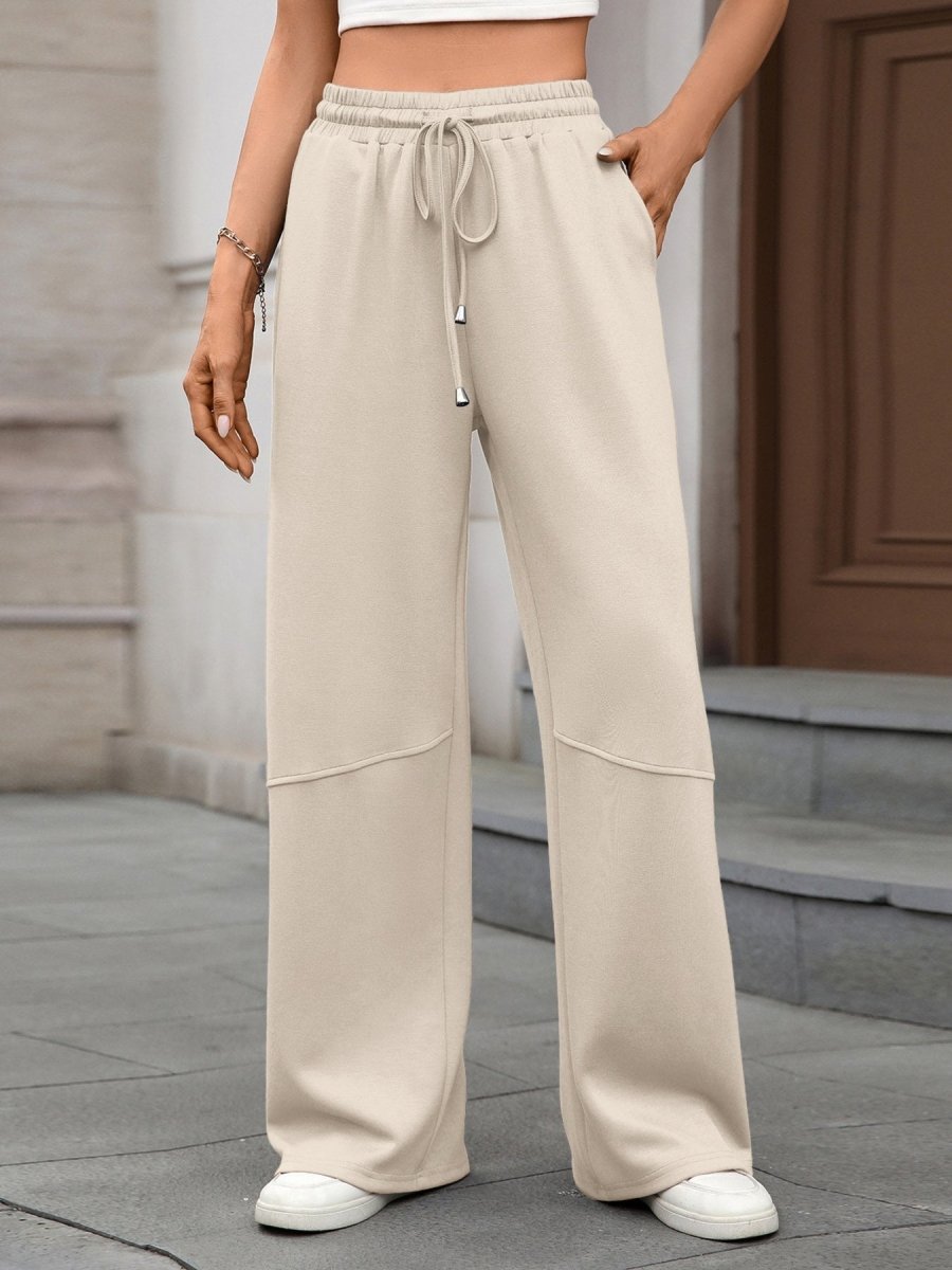 Model wearing beige drawstring high waist wide leg casual pants on a city street – Drawstring High Waist Wide Leg Casual Pant