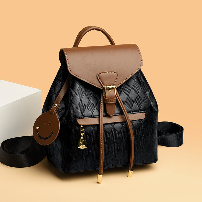 Quilted Faux Leather Flap Backpack with Drawstring