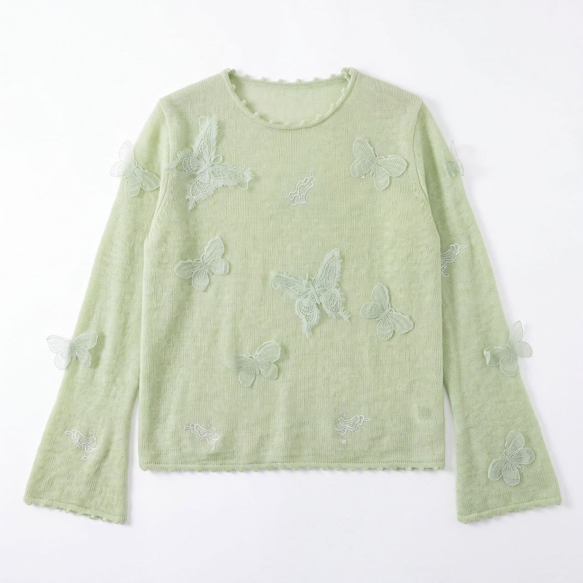 Butterfly Appliqué Crew Neck Knit Top in sage green