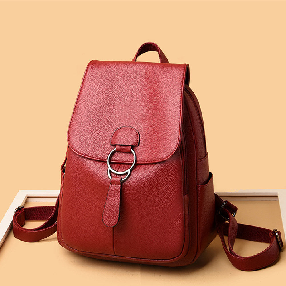 Faux Leather Flap Backpack with Ring-Pull Buckle