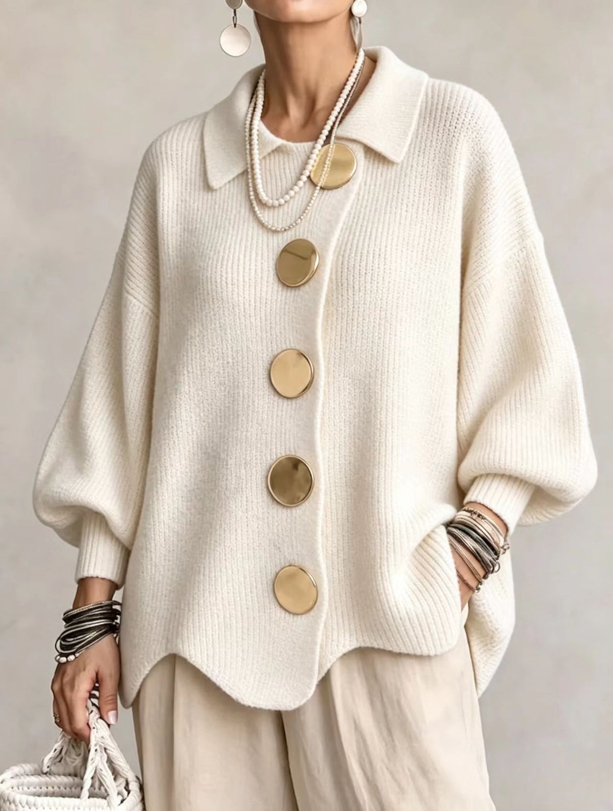 Collared Knit Cardigan with Oversized Buttons