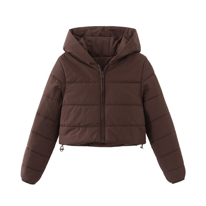 Coffee brown cropped hooded puffer jacket, flat lay front view on a plain background