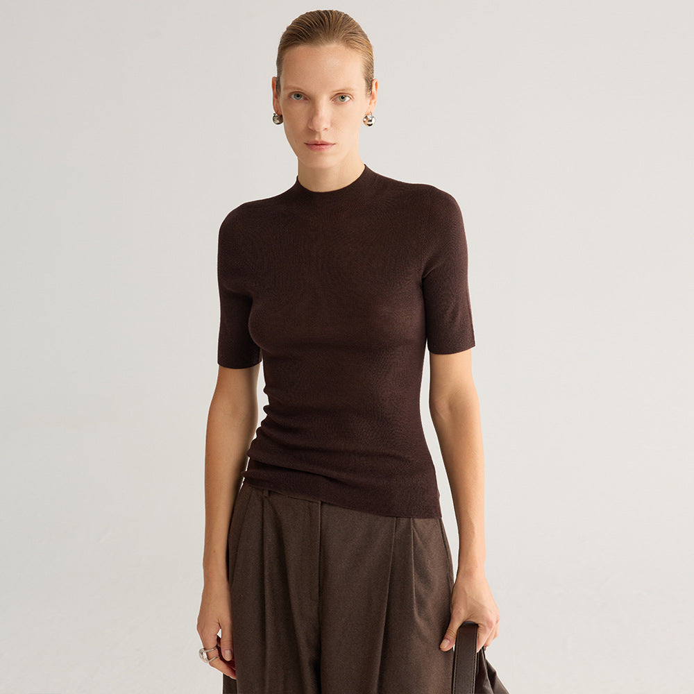 Seamless Half-Turtleneck Knit Top, Short Sleeve in dark coffee