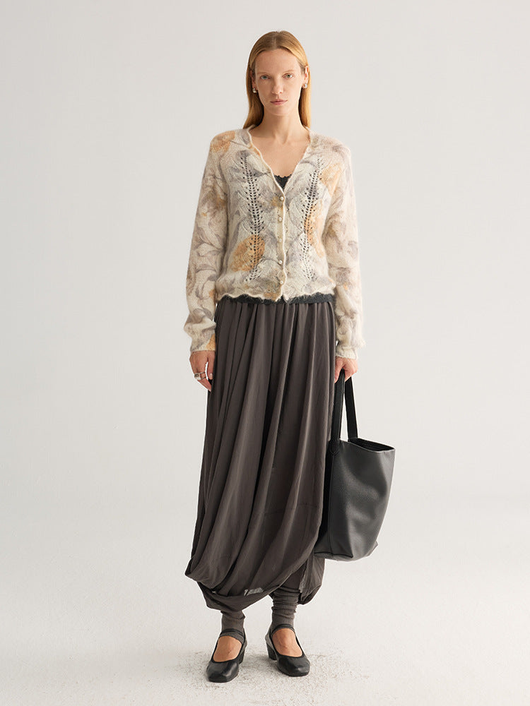 Floral jacquard V-neck cardigan with pearl-look buttons, beige and brown floral print, full body view on model with dark