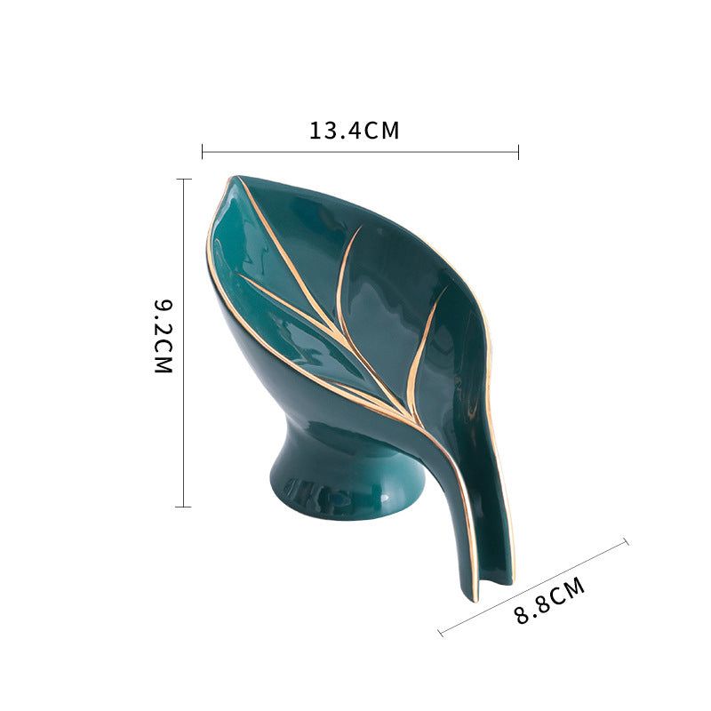Size chart for green ceramic leaf-shaped soap dish with gold-tone leaf-vein detailing