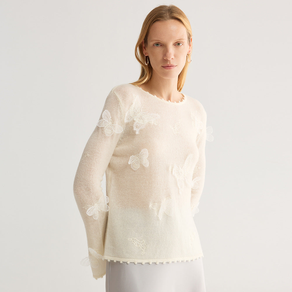 Butterfly Appliqué Crew Neck Knit Top in cream