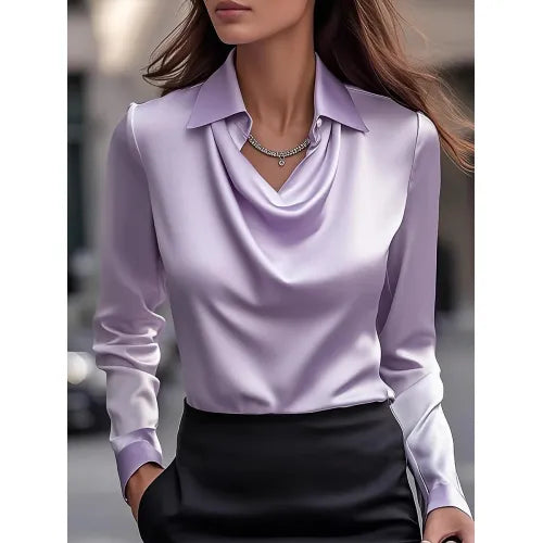 Cowl-Neck Collared Satin-Look Blouse in purple