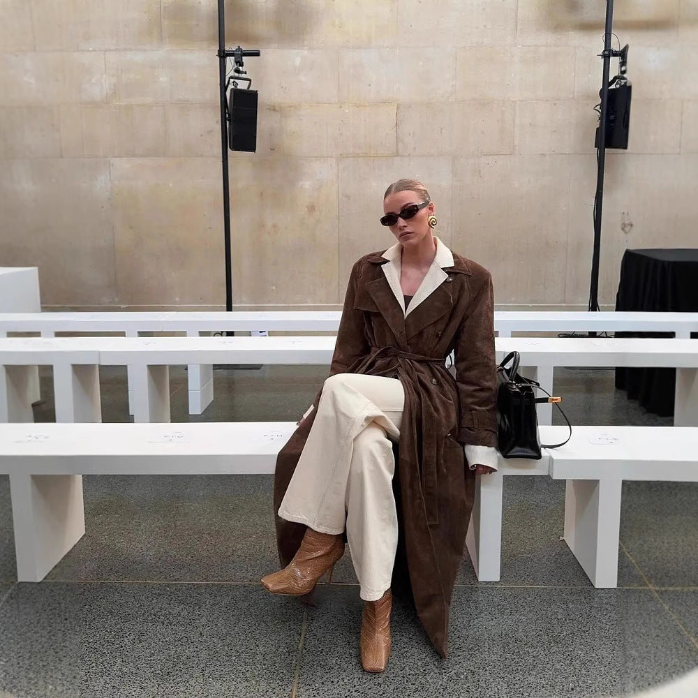 Belted Suede-Look Trench Coat