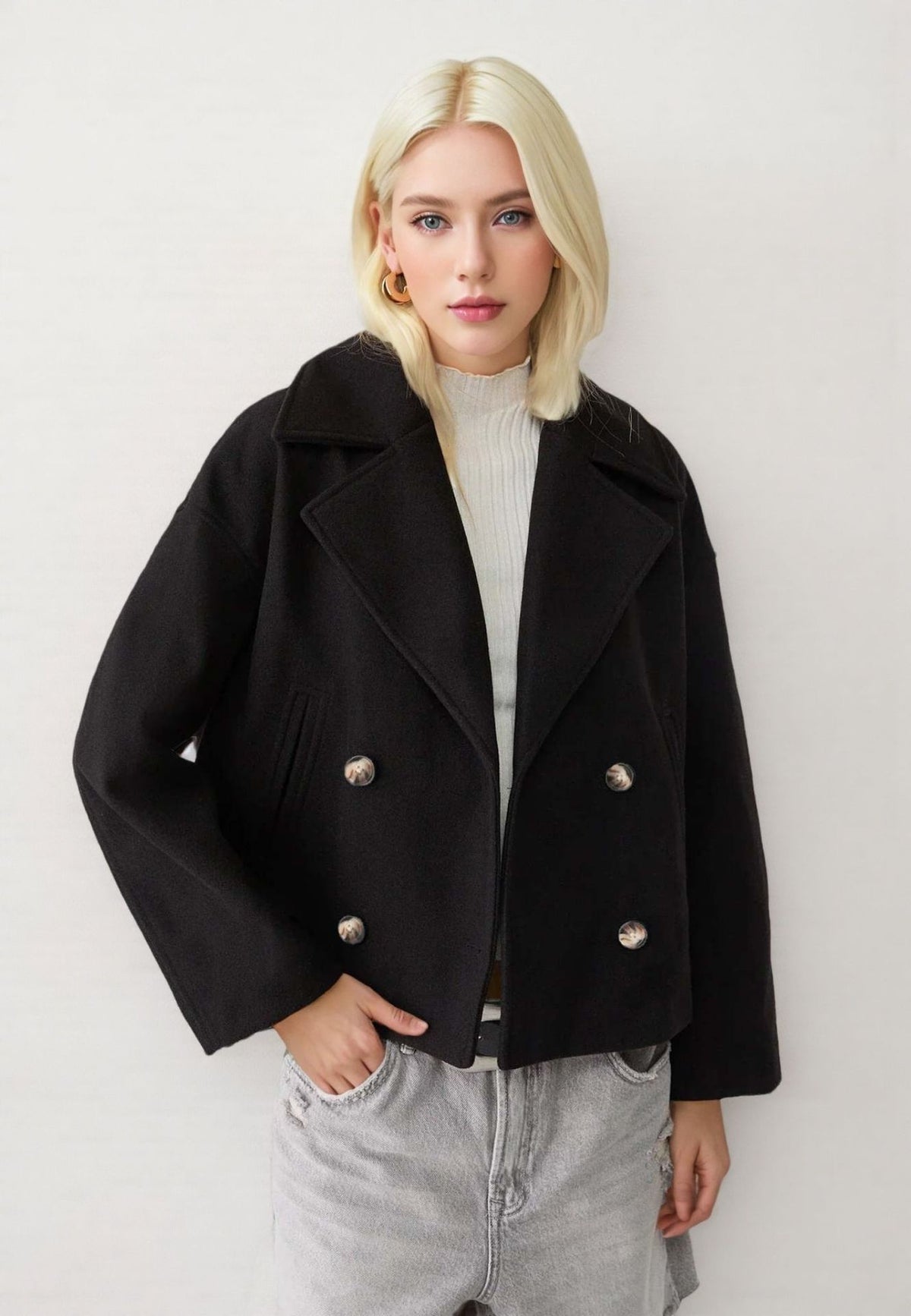 Cropped Double-Breasted Jacket with Gold-Tone Buttons in black