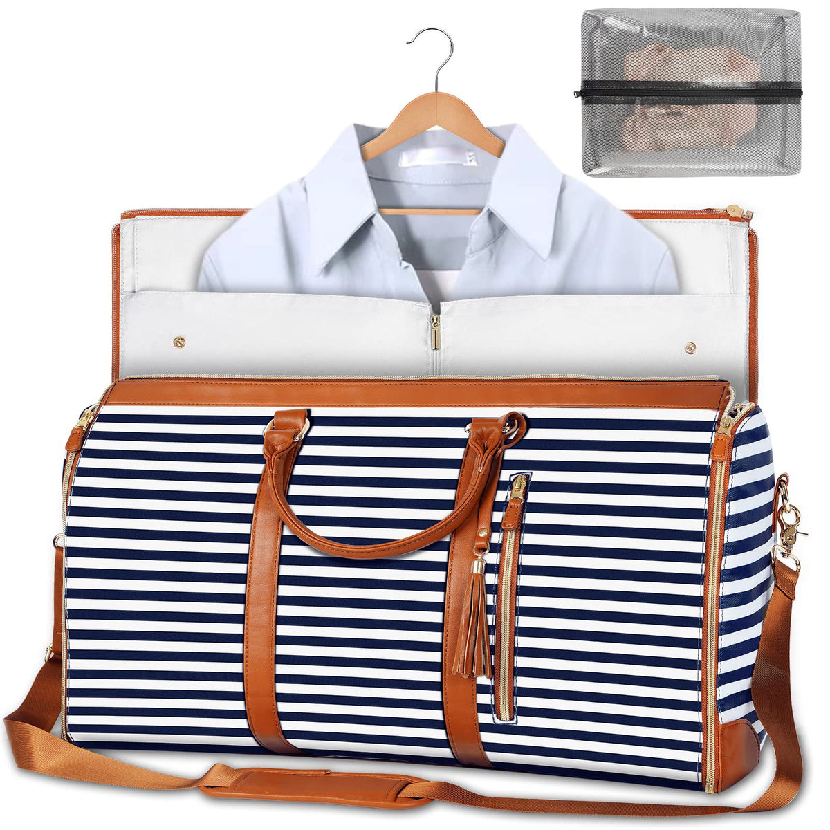 Blue and white striped foldable garment duffle bag open with shirt on hanger, showing interior and mesh shoe pouch