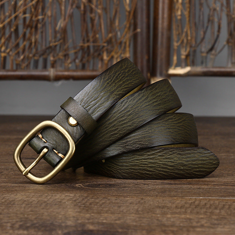 Vintage Leather Belt with Brass-Tone Buckle, 2.8 cm