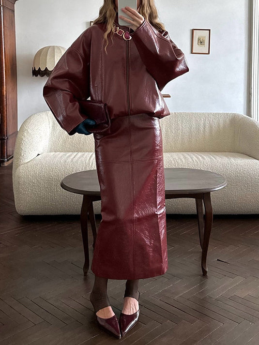 Faux-Leather Jacket and Midi Skirt Set