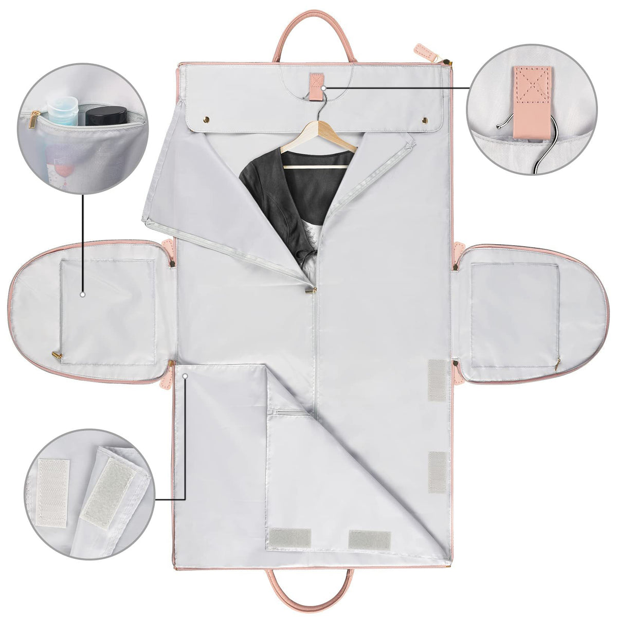 Flat lay of opened garment bag showing interior layout with hanger hook, side pockets, and accessory compartments