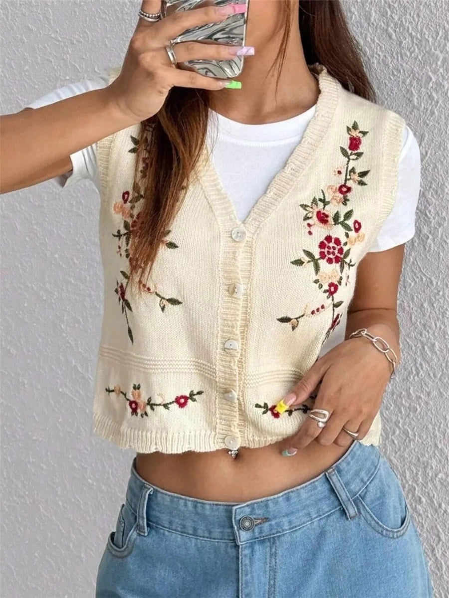 Embroidered Button Up Sweater Vest - Wow Store