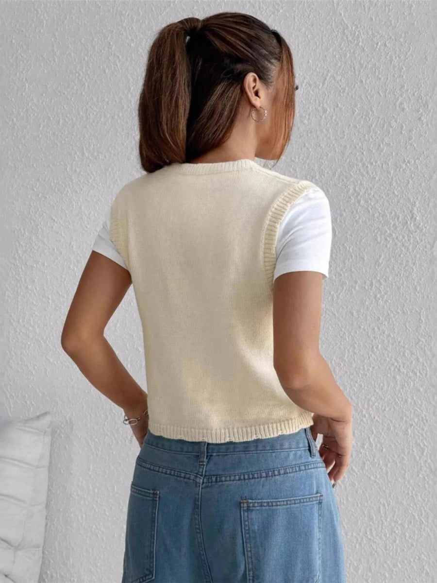 Embroidered Button Up Sweater Vest - Wow Store