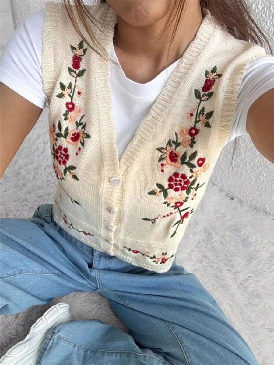 Embroidered Button Up Sweater Vest - Wow Store