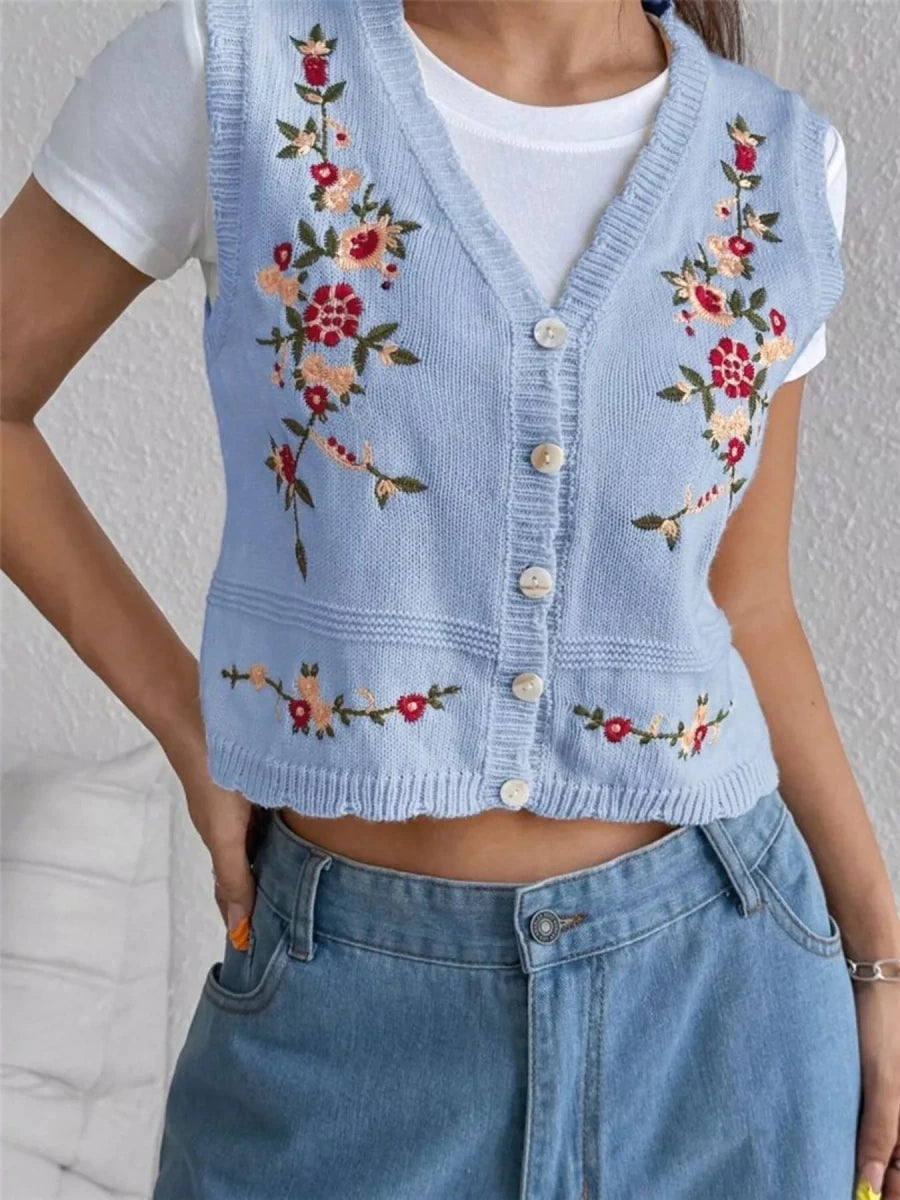 Embroidered Button Up Sweater Vest - Wow Store