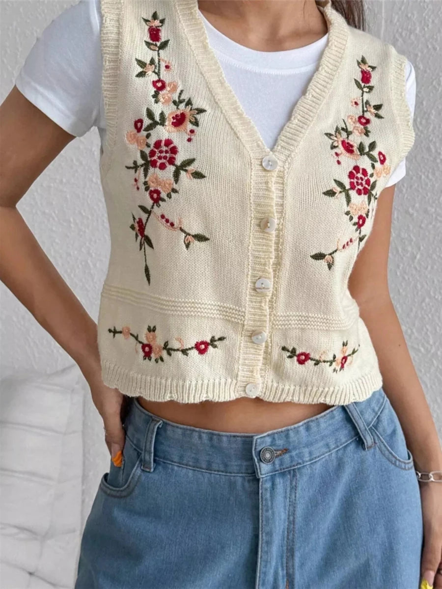 Embroidered Button Up Sweater Vest - Wow Store