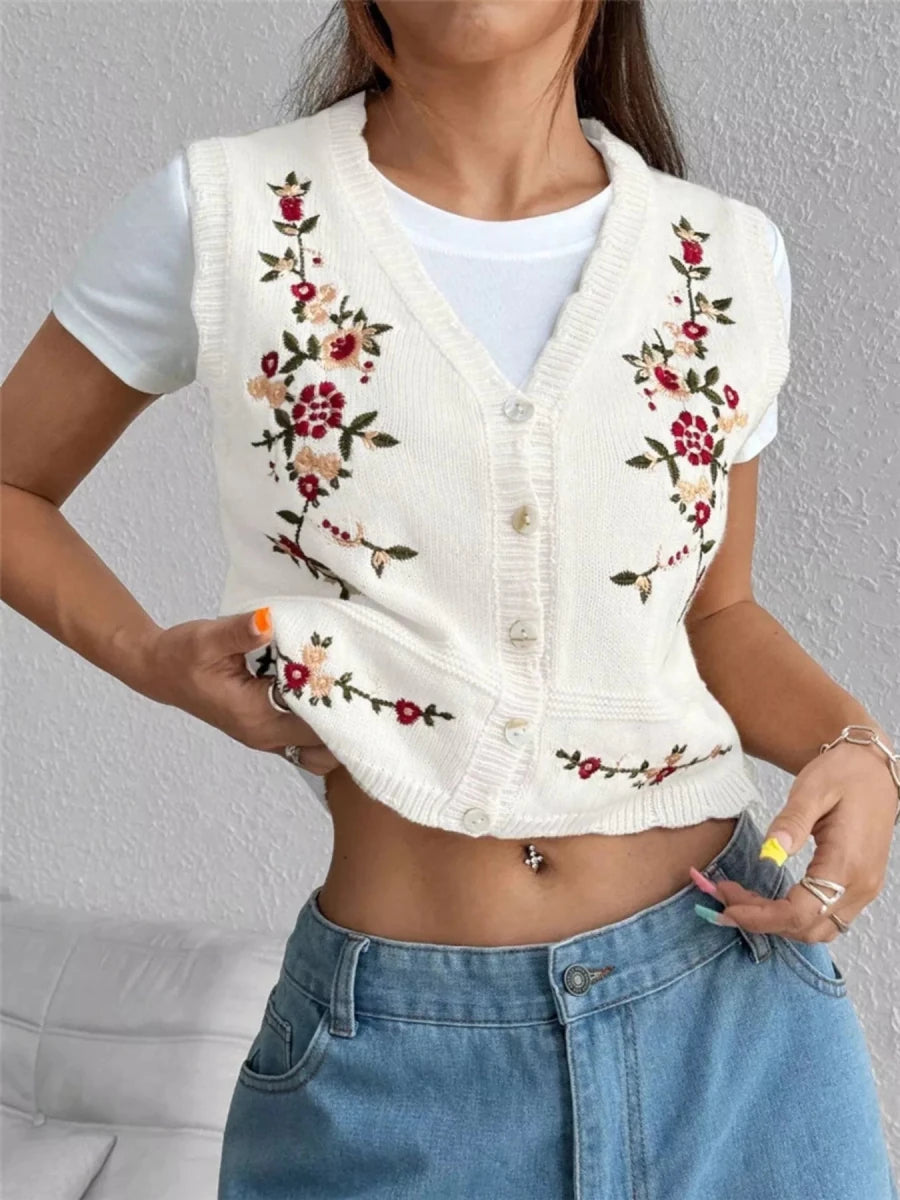 Embroidered Button Up Sweater Vest - Wow Store