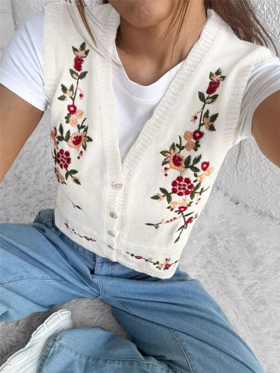 Embroidered Button Up Sweater Vest - Wow Store