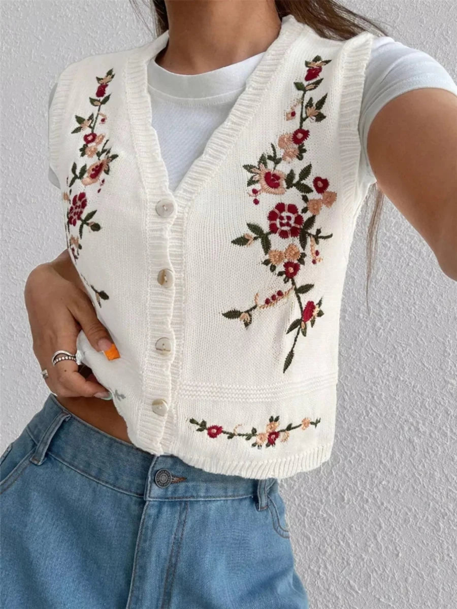 Embroidered Button Up Sweater Vest - Wow Store