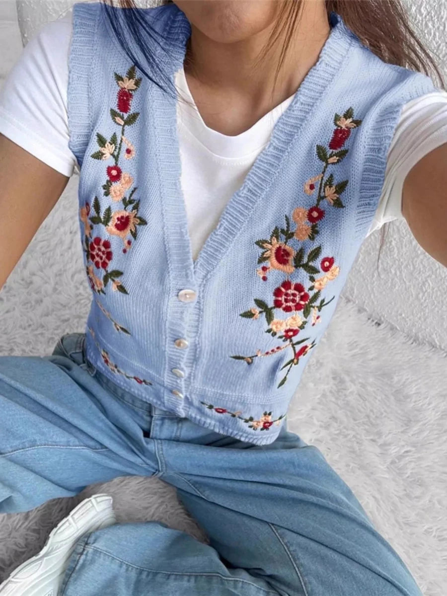 Embroidered Button Up Sweater Vest - Wow Store
