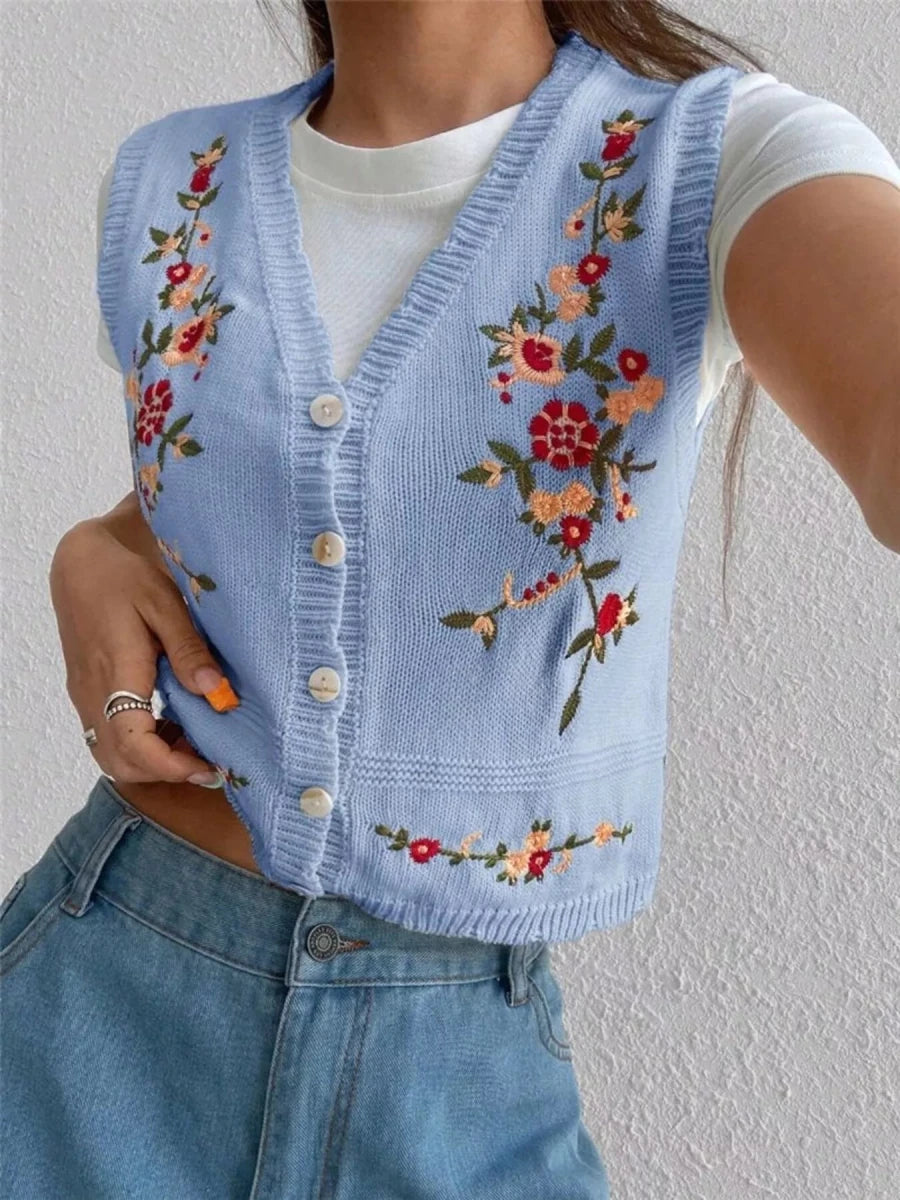 Embroidered Button Up Sweater Vest - Wow Store