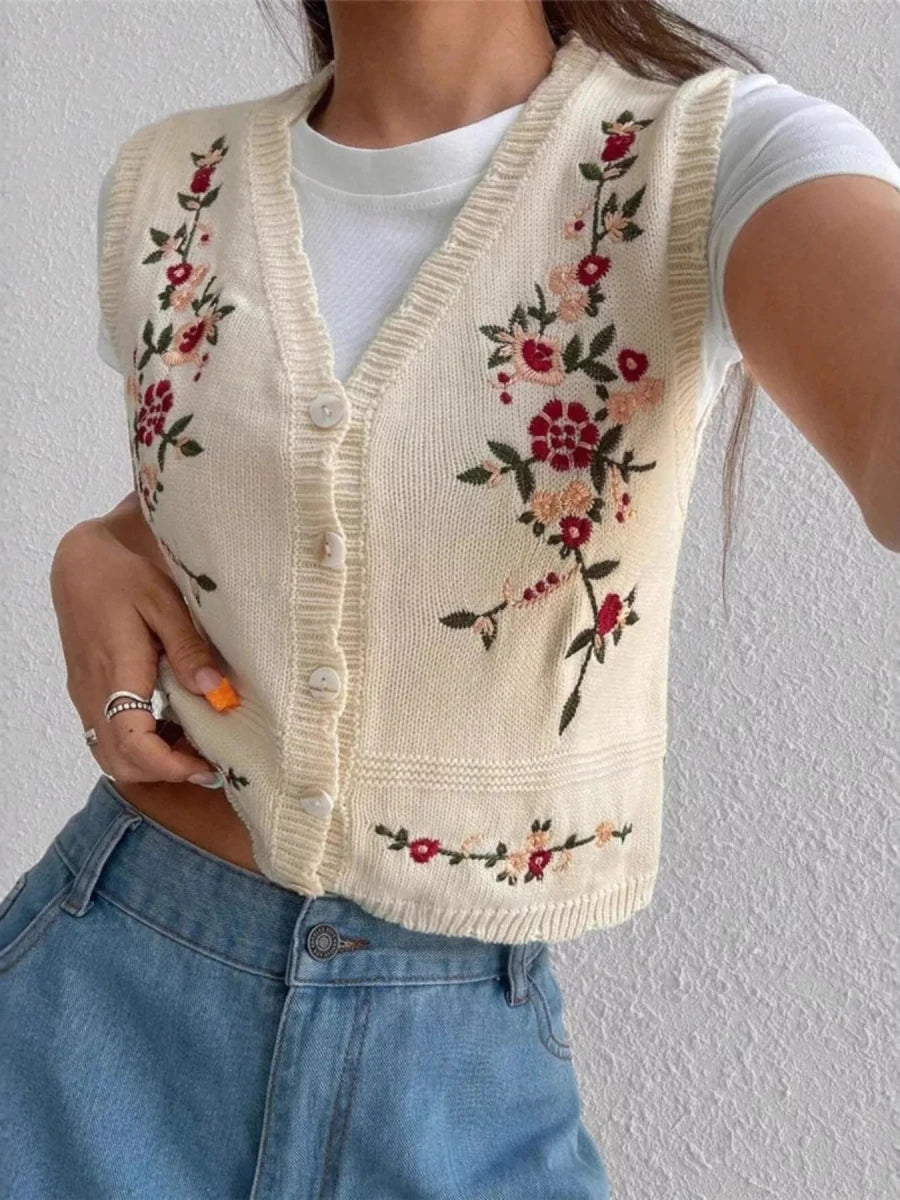 Embroidered Button Up Sweater Vest - Wow Store
