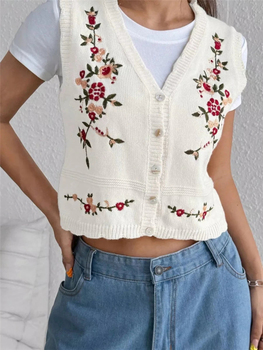 Embroidered Button Up Sweater Vest - Wow Store