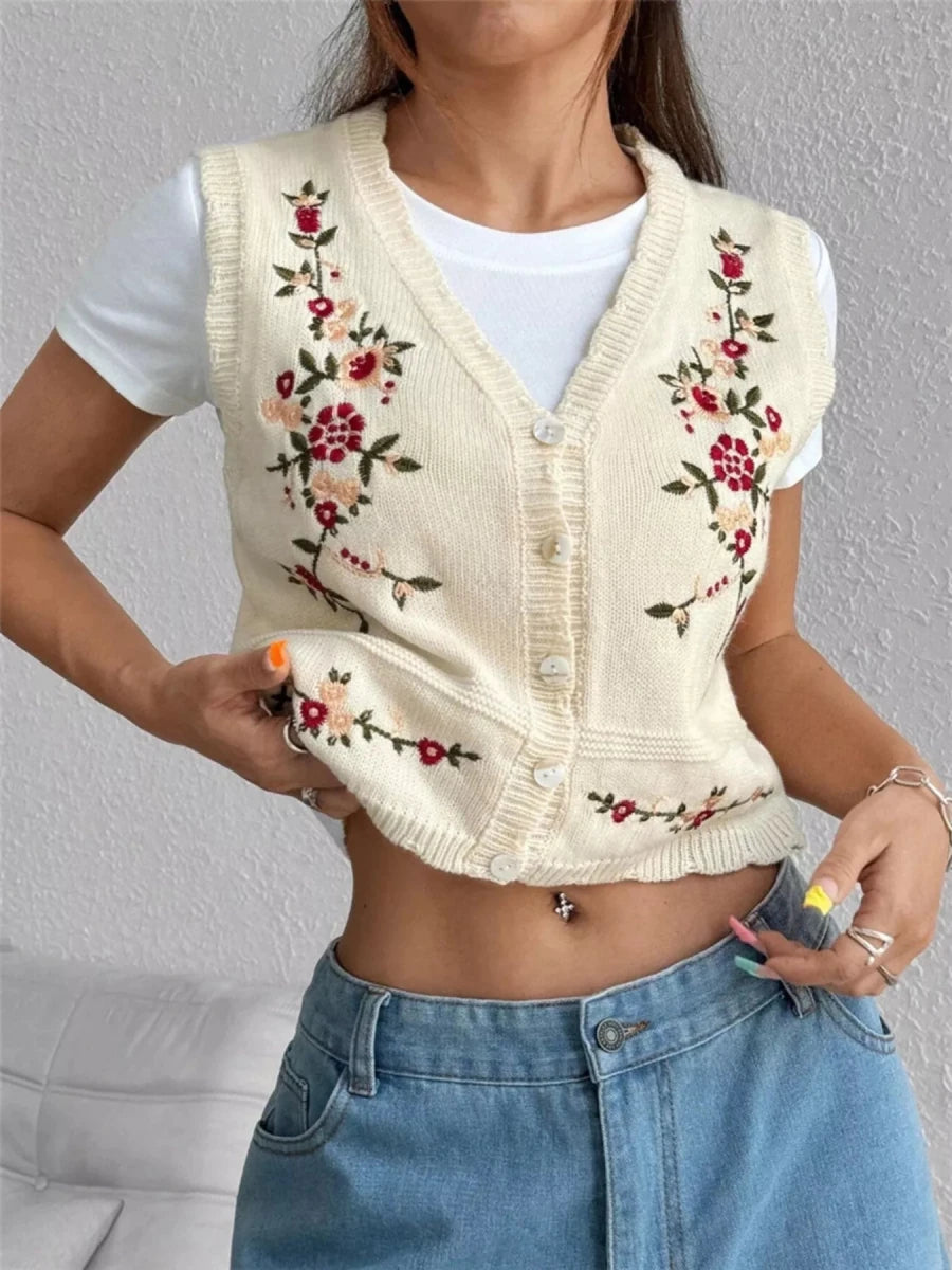 Embroidered Button Up Sweater Vest - Wow Store