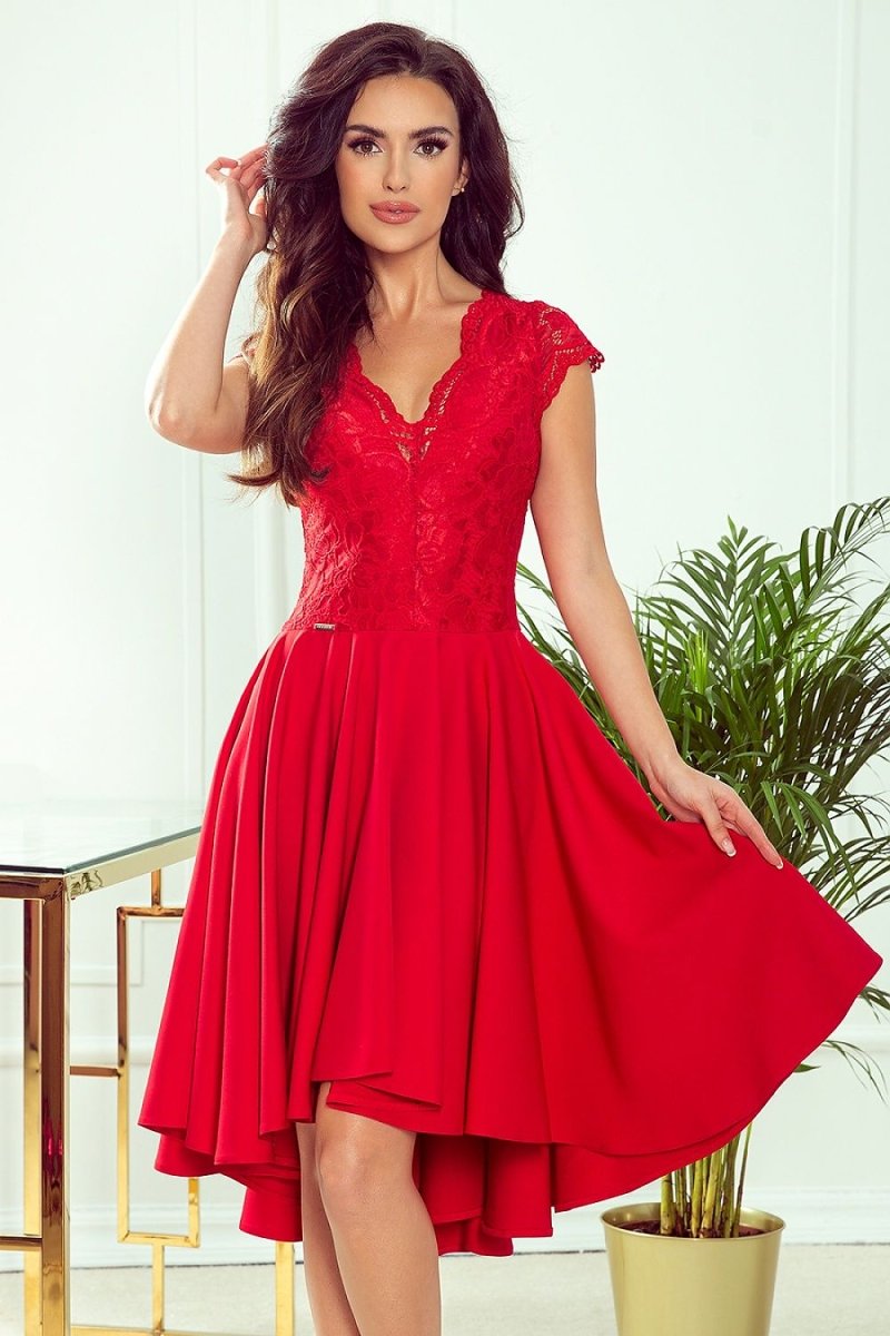 Red asymmetrical evening dress Numoco model 140726 on woman