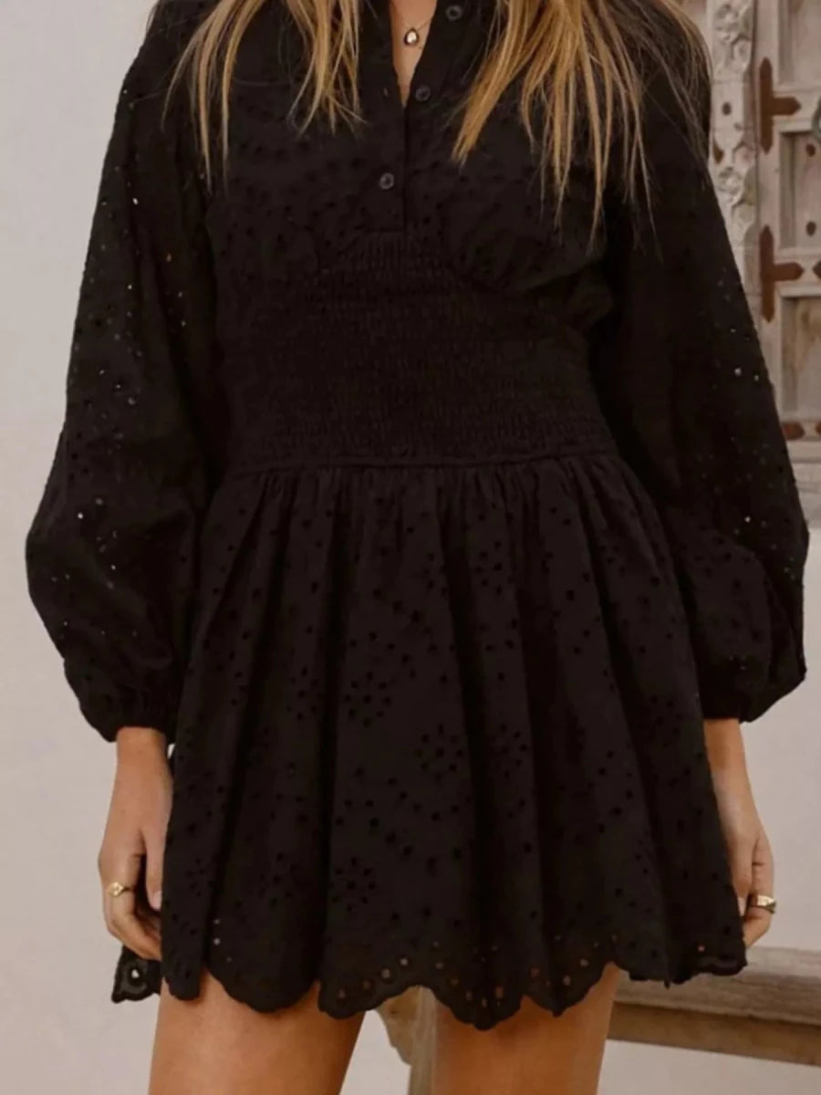Eyelet Balloon Sleeve Mini Dress - Wow Store
