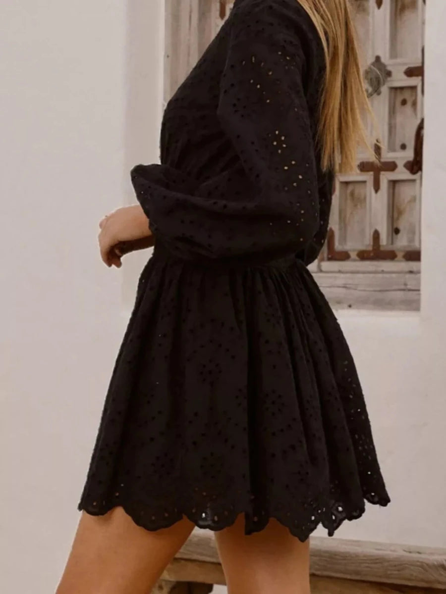 Eyelet Balloon Sleeve Mini Dress - Wow Store