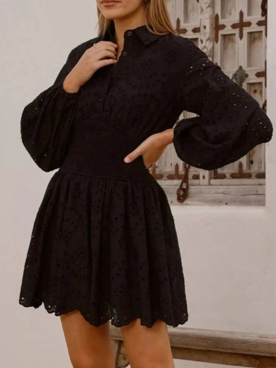 Eyelet Balloon Sleeve Mini Dress - Wow Store