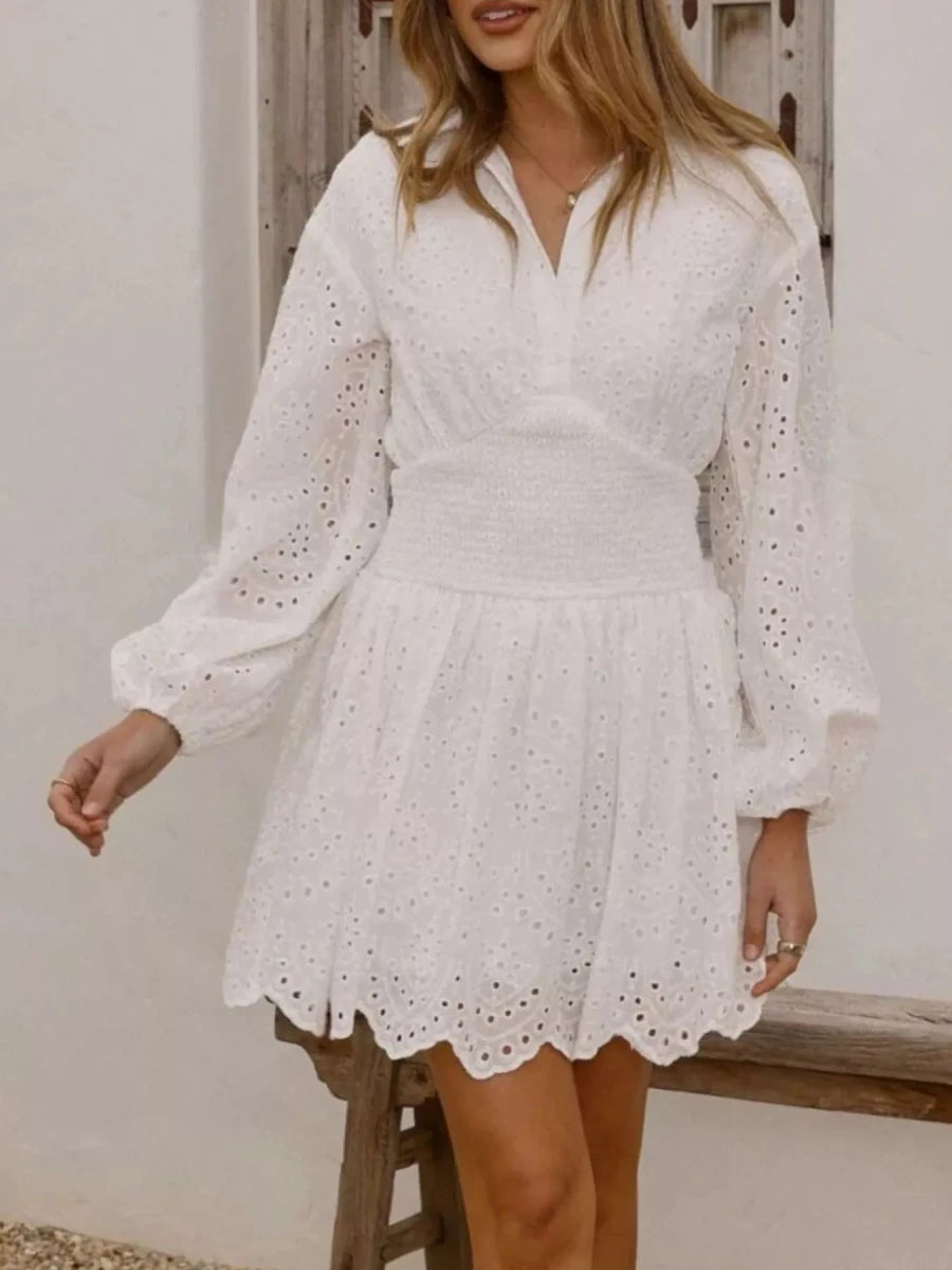 Eyelet balloon sleeve mini dress with ruched waist and floral details - feminine summer style
