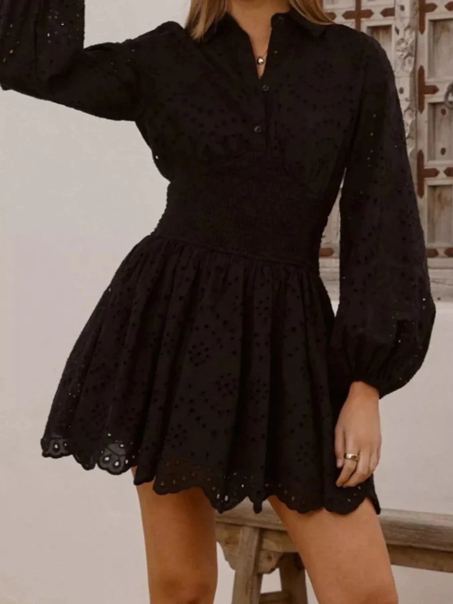 Eyelet Balloon Sleeve Mini Dress - Wow Store