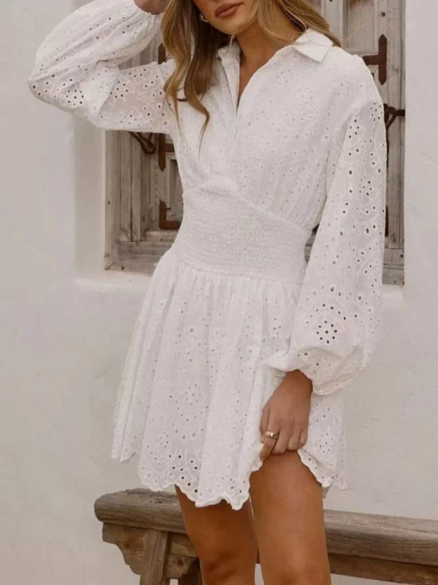 Eyelet Balloon Sleeve Mini Dress - Wow Store