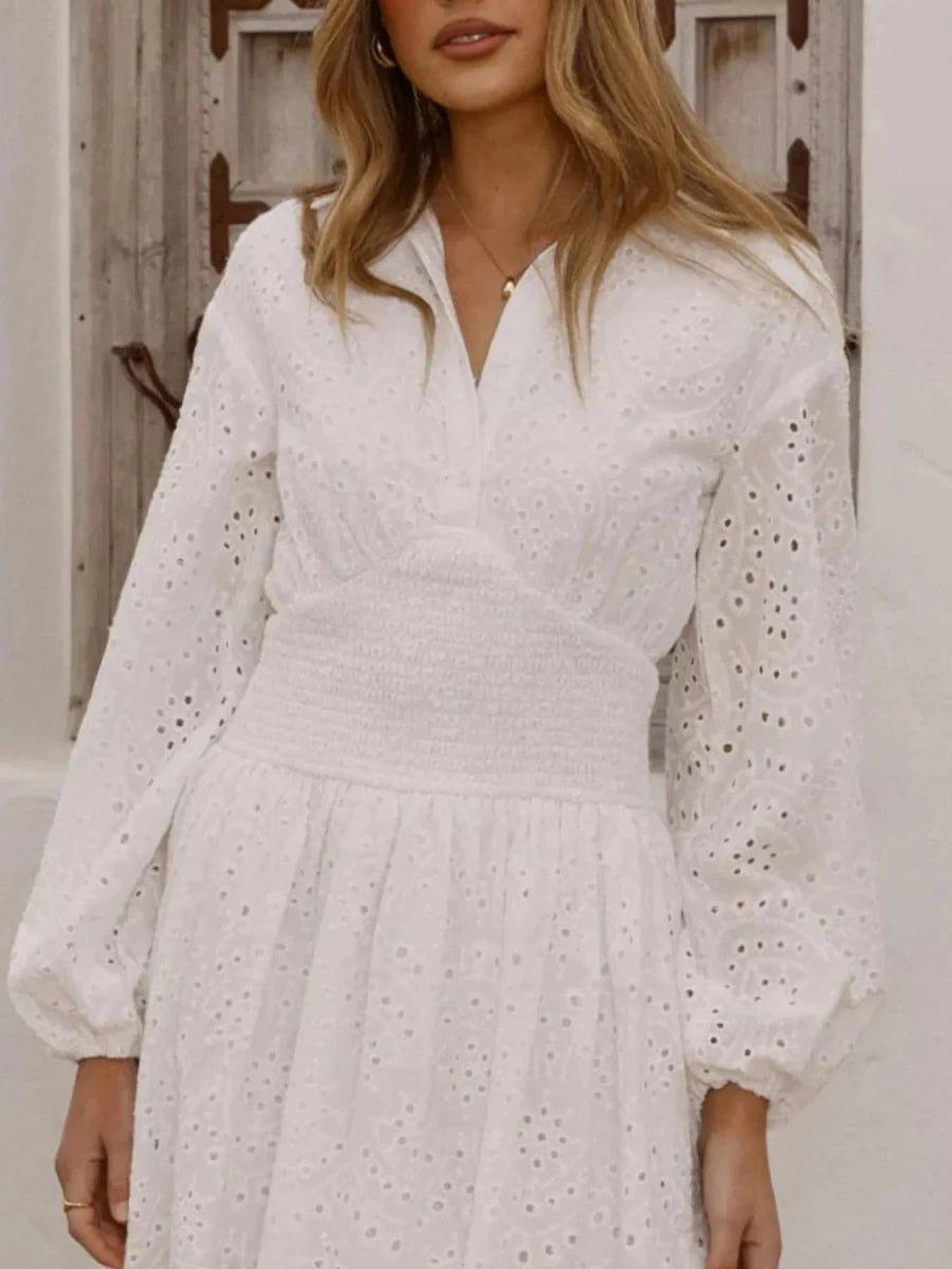 Eyelet Balloon Sleeve Mini Dress - Wow Store